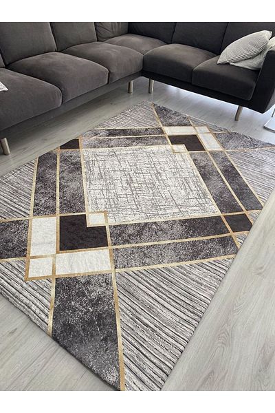 MEKA TEKSTİL Black Gray Gold Stripe Pattern Elastic Velvet Carpet Cover