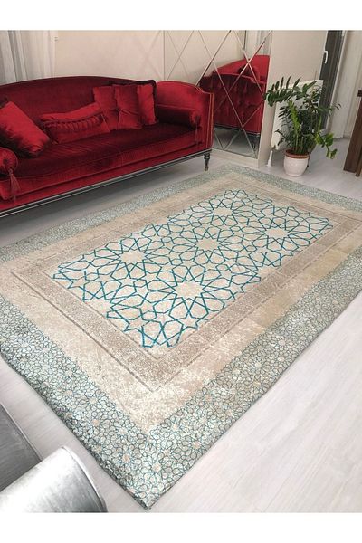 MEKA TEKSTİL Blue Tile Pattern Silk Velvet Elastic Carpet Cover