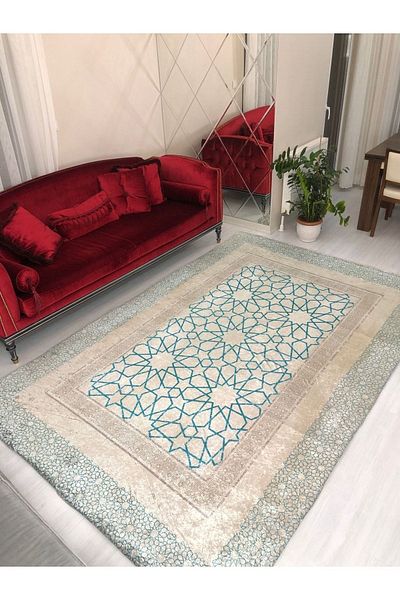 MEKA TEKSTİL Blue Tile Pattern Silk Velvet Elastic Carpet Cover