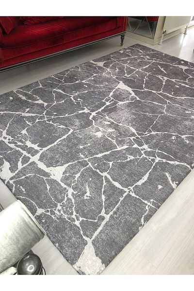 MEKA TEKSTİL Gray Marble Model Silk Velvet Elastic Carpet Cover