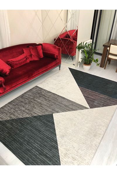 MEKA TEKSTİL New Pyramid Navy Blue Gray Cream Elastic Velvet Carpet Cover