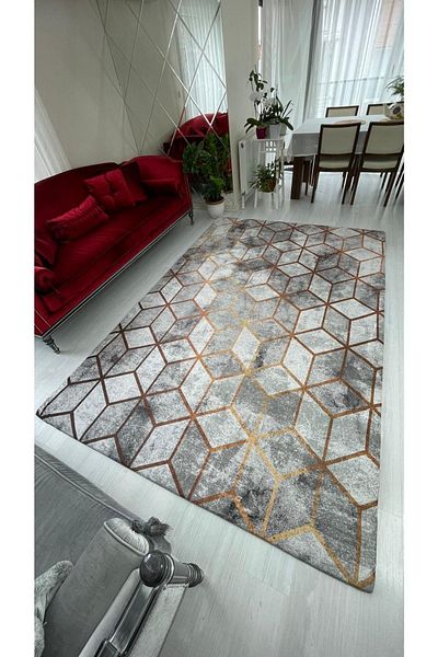 MEKA TEKSTİL Gray Pyramid Pattern Silk Velvet Elastic Carpet Cover