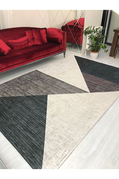 MEKA TEKSTİL New Pyramid Navy Blue Gray Cream Elastic Velvet Carpet Cover