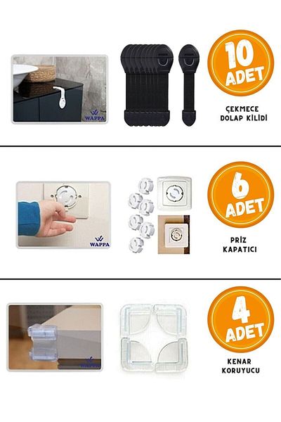 WAPPA Black Baby Safety Safety Set 10 Drawer Cabinet Lock, 4 Corner Protector, 6 Socket Protector