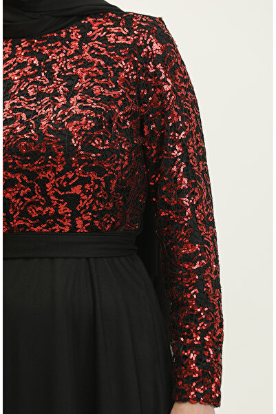 sefamerve Black Red Lace Belted Evening Dress - 5353A-18