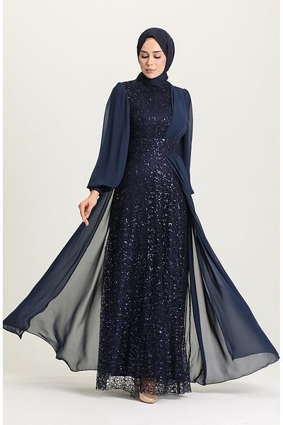 sefamerve Navy Blue Sequined Evening Dress - 5408-03