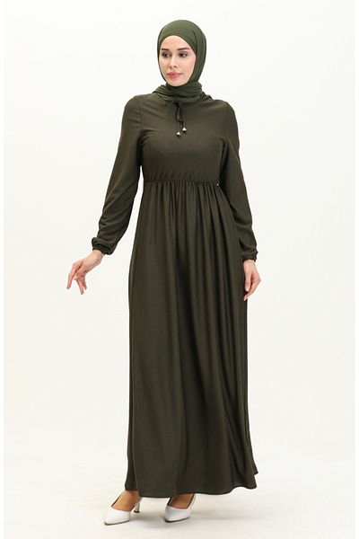 sefamerve Khakifarbenes Kleid mit Kordelzug an der Taille – 0575-01