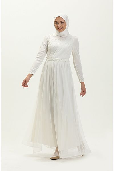 sefamerve Ecru Perlen-Tüll-Abendkleid – 5664-08