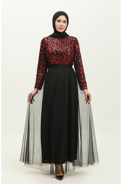 sefamerve Black Red Lace Belted Evening Dress - 5353A-18