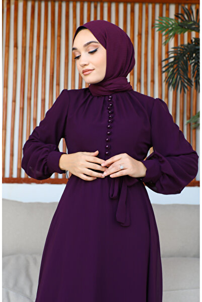 sefamerve Βραδινό φόρεμα σιφόν με λεπτομέρεια με κουμπιά 5695-16 Σκούρο Μωβ