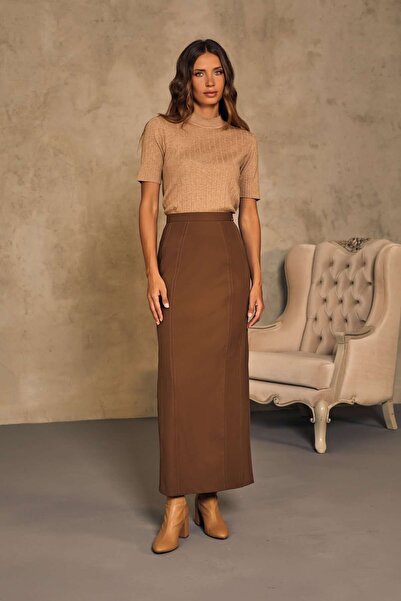 G-Line Maxi Boy Klasik Fındık Rengi Arkadan Yırtmaçlı Fermuarlı Etek