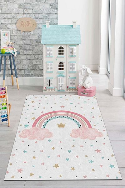 PINKIE HOME سجادة غرفة الأطفال الوردية المزخرفة بألوان قوس قزح وغير قابلة للانزلاق وقابلة للغسل في الغسالة - Play Mat-4