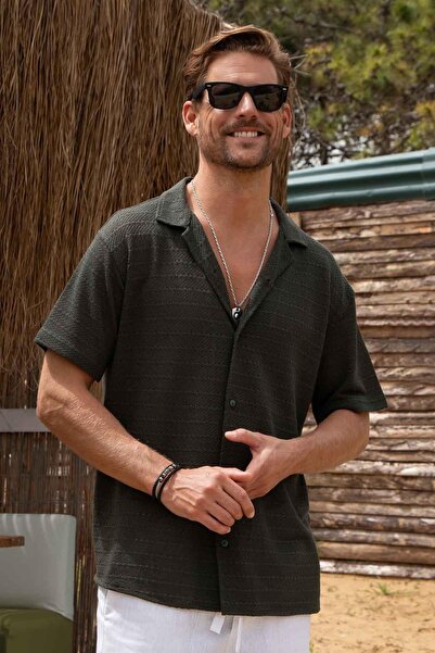 Tudors Croială confortabilă - Cămașă de vară pentru bărbați kaki cu mâneci sc...