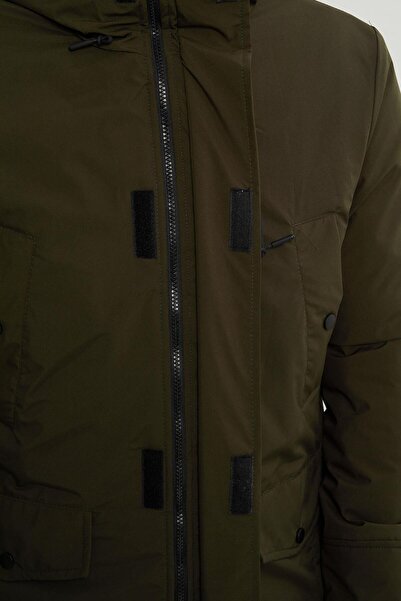 PIQUE Hscstore Ανδρικό παλτό χακί με κουκούλα με φερμουάρ και λεπτομέρεια τσέπης - Nora