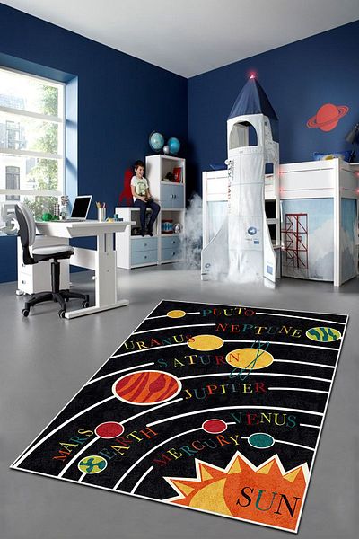 PINKIE HOME Non-Slip Machine Washable Stain-Proof Solar System Tutorial Educational Carpet Space Children's Carpet-29