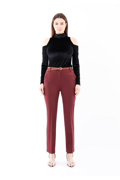 Guzella Claret Red Maxi Length Classic Slim Fit Belted Trousers
