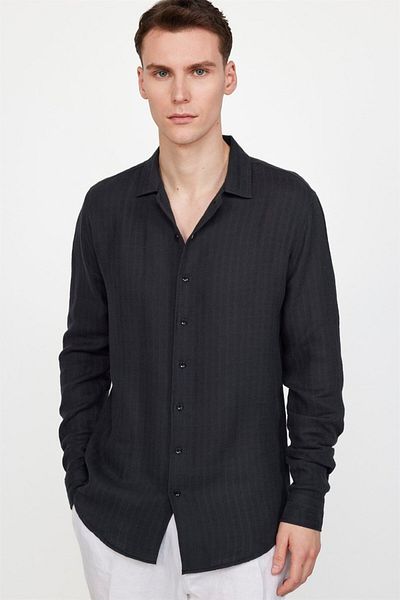 Tudors Μαύρο Slim Fit Muslin ύφασμα - Πουκάμισο με γιακά Apache με μακρυμάνικο σχέδιο