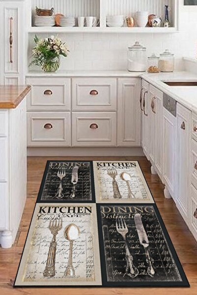 PINKIE HOME Dijital Baskılı Kaymaz Taban Makinede Yıkanabilir Krem Siyah Mutf...