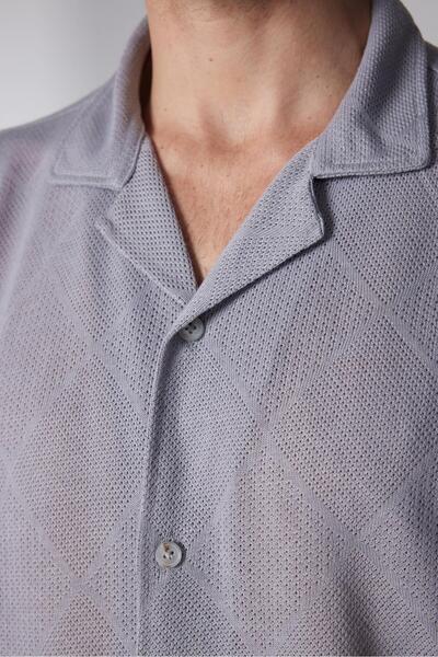 Tudors Gray Slim Fit Square Pattern Knitted Texture Men's Summer Shirt - Short Sleeve, Breathable