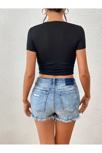 Lux Collection Kadın Bisiklet Yaka Kısa Kollu T-shirt Crop Bluz / Üst Kalite