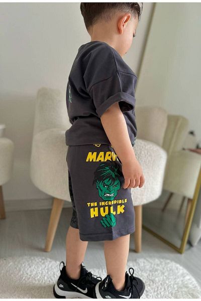 JELİBOOM Marvel Hulk Gray Kids Shorts Set - Detail Printed