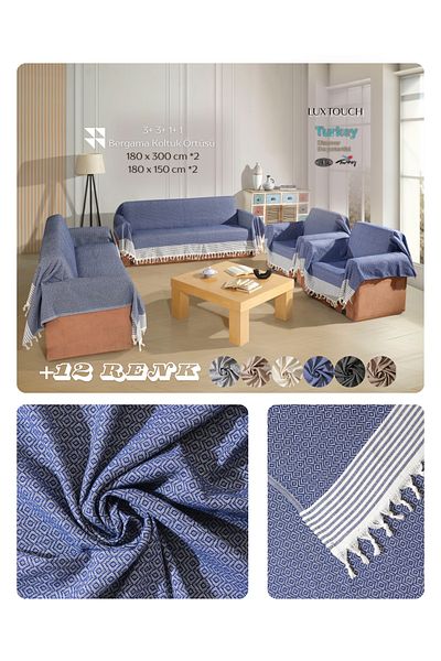 Lux Touch Σετ καναπέ και κάλυμμα ανάκλιντρο Bergama Navy Blue - Αντιολισθητικές φουντωτές, βαμβακερές πολυθρόνες