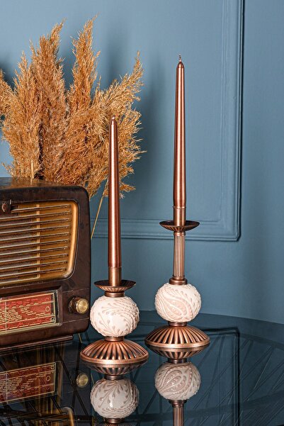 DEDE Seramik Ikili Krem Çinili Mumluk Bakır Kaplamalı Dekoratif Obje 153 x 230 2 Parça Bej