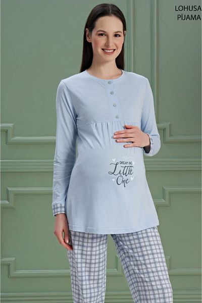 Over Sleep by Poleren Set de pijamale de maternitate cu mâneci lungi de culoare albastră