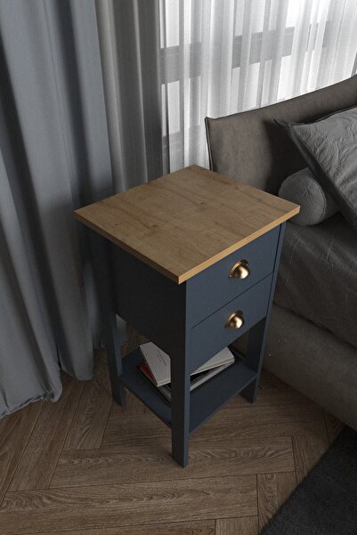MOBU CONCEPT Komodin, Retro, Çekmeceli, Antrasit Gövde, Meşe Tabla