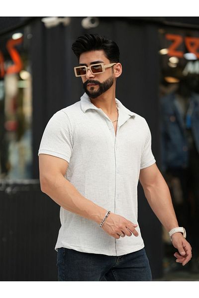 mavisima erkek giyimi Men's Gray White Striped Patterned Corded Cotton Summer Short Sleeve Apaj Collar Shirt