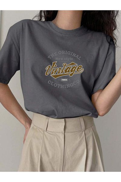 FAVORİST Βαμβακερό Vintage εμπριμέ μπλουζάκι Oversize