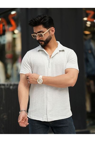 mavisima erkek giyimi Men's Gray White Striped Patterned Corded Cotton Summer Short Sleeve Apaj Collar Shirt