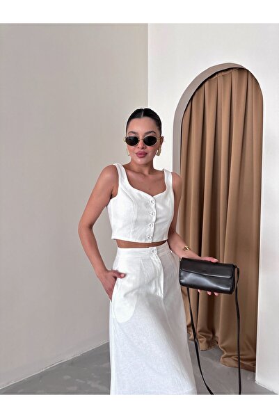 Laluvia Σετ 100% βαμβακερό λευκό λινό γιλέκο και φούστα