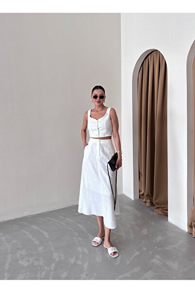 Laluvia Σετ 100% βαμβακερό λευκό λινό γιλέκο και φούστα