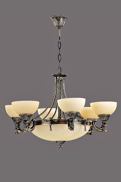 Avize çarşısı Omega 6 Kollu Ananas Renkli Cam Başlıklı, Eskitme Antik Renk Me...