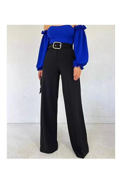 BERNEO Pantaloni largi din material negru cu centură în talie