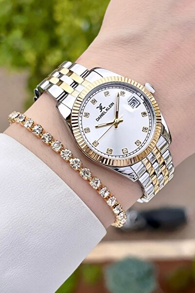 Daniel Klein Altın Gümüş Renk Ayarlanabilir Kordonlu Takvimli Kadın Kol Saati Ve Bileklik Dkgnct1142