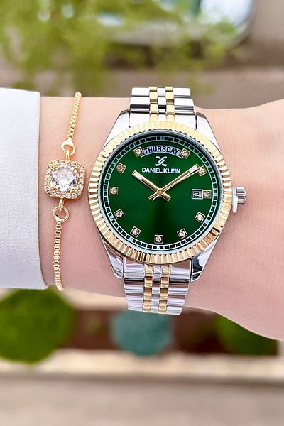 Daniel Klein Green Gold and Silver Colored Band Calendar Wrist Watch and Bracelet - Dkgnct1085