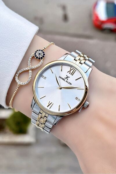 Daniel Klein ساعة يد نسائية بسوار فضي ذهبي اللون قابل للتعديل مع سوار هدية - Dkgnct66