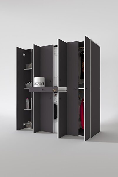 Kenzlife Çamaşır-Kurutma Makinesi Dolabı Ve Giysi Dolabı Çekmeceli Ebuzer Sol Raf Gri 187*160*60 Banyo