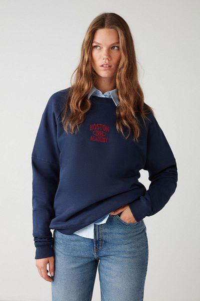 GRIMELANGE Adrıelle Women's Relaxed Fit Embroidery Printed Knitted Crew Neck Navy Blue Sweatshirt