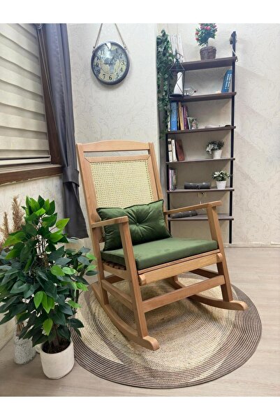 Asedia Veranda Naturel Yeşil Minderli Hasırlı Sallanan Sandalye Hazeranlı Din...