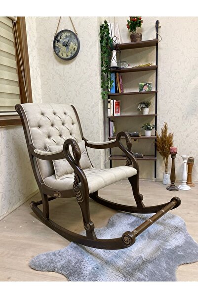 Asedia Vintage Kuğu Ceviz Krem El Oyması Ahşap Sallanan Sandalye Dinlenme Kol...