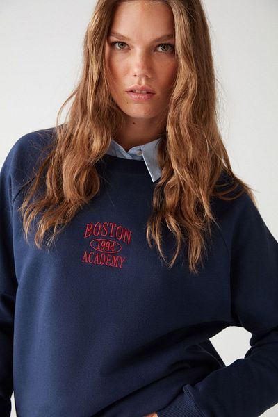 GRIMELANGE Adrıelle Women's Relaxed Fit Embroidery Printed Knitted Crew Neck Navy Blue Sweatshirt