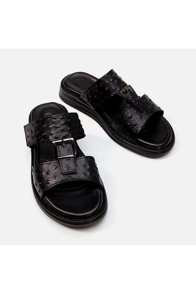 Hotiç Black Genuine Leather Men's Slippers
