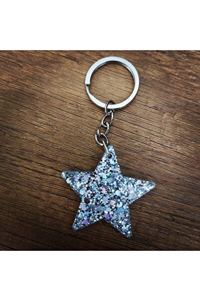 nursstore Gümüş Simli Epoksi Yıldız Anahtarlık Hediye Anahtarlık
