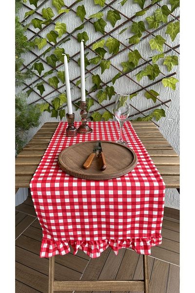 Decamor home Vintage Frilly Gingham Red Runner with Stain Resistant Water Repellent Features