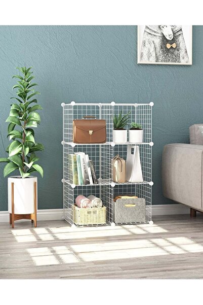 hodbehod 6 Bölmeli Beyaz Portatif Çok Amaçlı Metal Tel Dolap Raf Kitaplık Org...