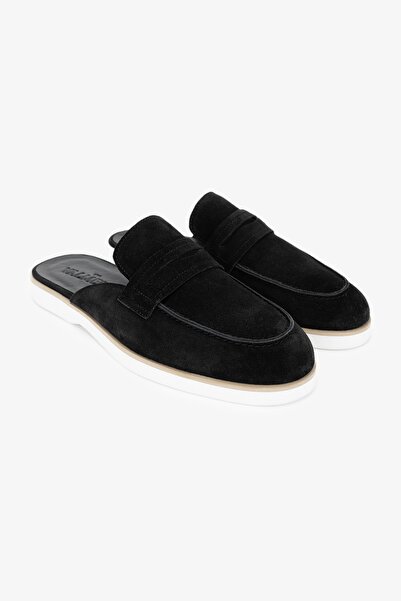 Valmenti Abriana Erkek Siyah Süet Hakiki Deri Düz Terlik