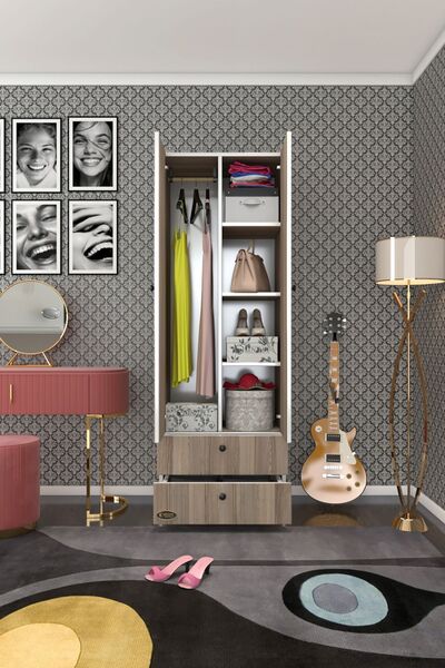 Kenzlife Gardırop 2 Kapılı Kapaklı 2 Çekmeceli Nilüfer Crd 173*60*42 Gardolap...